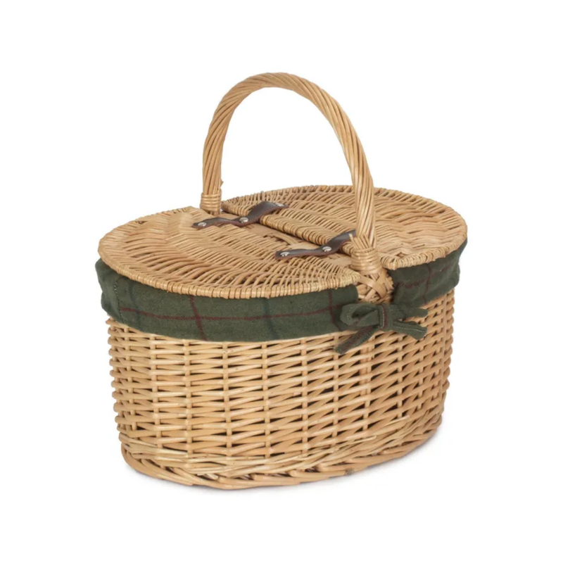 Buff Oval Picnic Basket With Green Tweed Lining | London Grocery