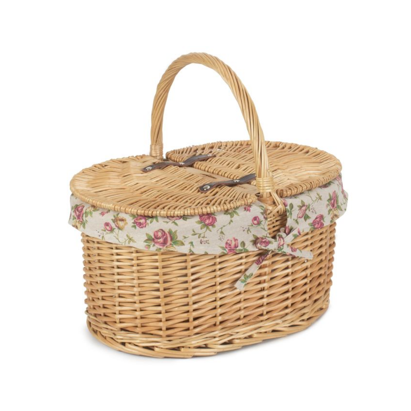 Buff Oval Picnic Basket With Garden Rose Lining | London Grocery