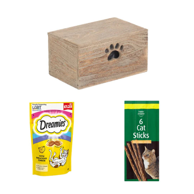 Dreamies Cheese & Sticks Treat Cat Box | 3 Ingredients | Wooden Cat Food Tray | 2x Happy Shopper 6 Cat Sticks 30g | Dreamies Cat Treat Biscuits with Cheese 60g x 48 | London Grocery