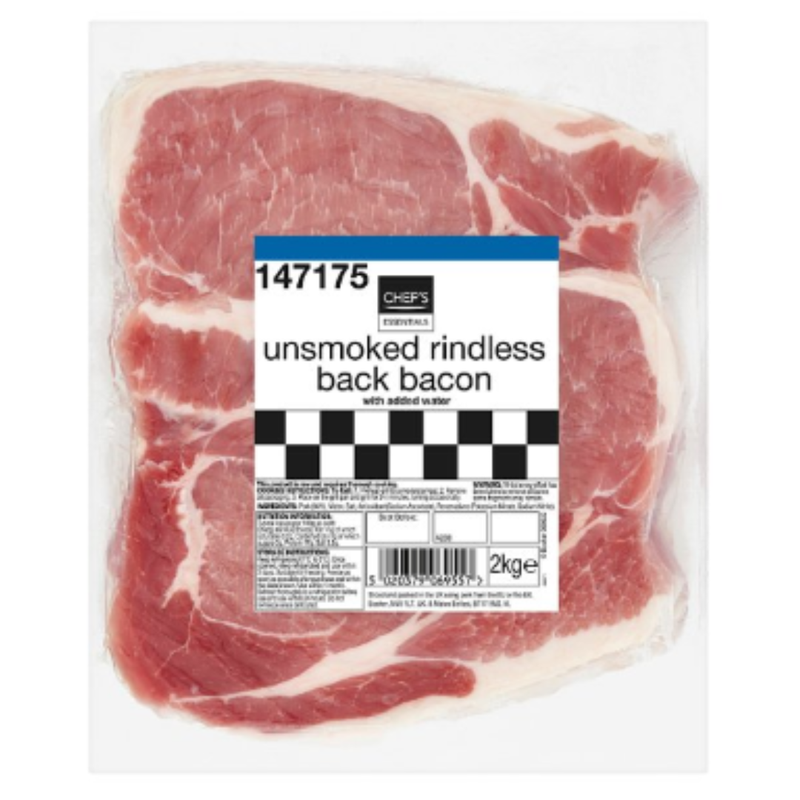 Chef's Essentials Unsmoked Rindless Back Bacon 2kg x 1 Pack | London Grocery