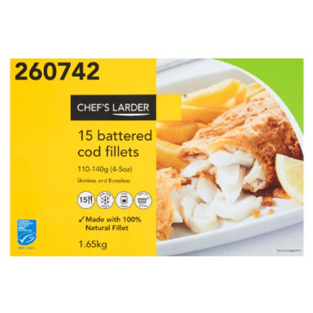 London Fish Cod Buy Chef's Larder 15 Battered Cod Fillets 1.65kg x 1 Pack | London Grocery