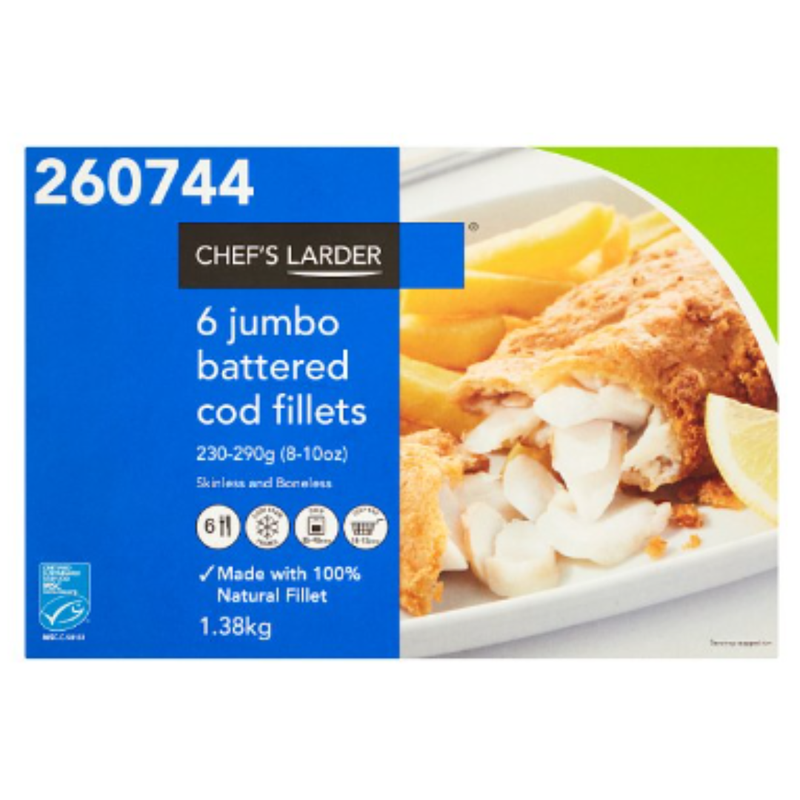 Chef's Larder 6 Jumbo Battered Cod Fillets 1.38kg x 1 Pack | London Grocery