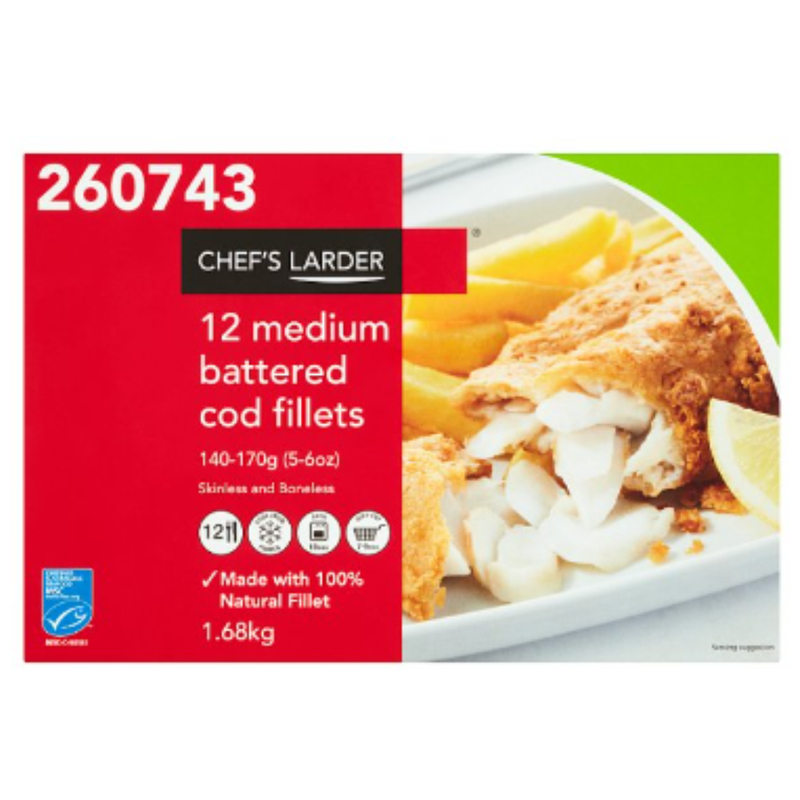 Chef's Larder 12 Medium Battered Cod Fillets 1.68kg x 1 Pack | London Grocery