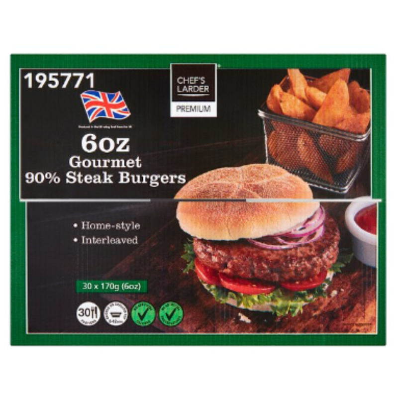 Chef's Larder Premium 6oz Gourmet 90% Steak Burgers 5.1kg x 1 Pack | London Grocery