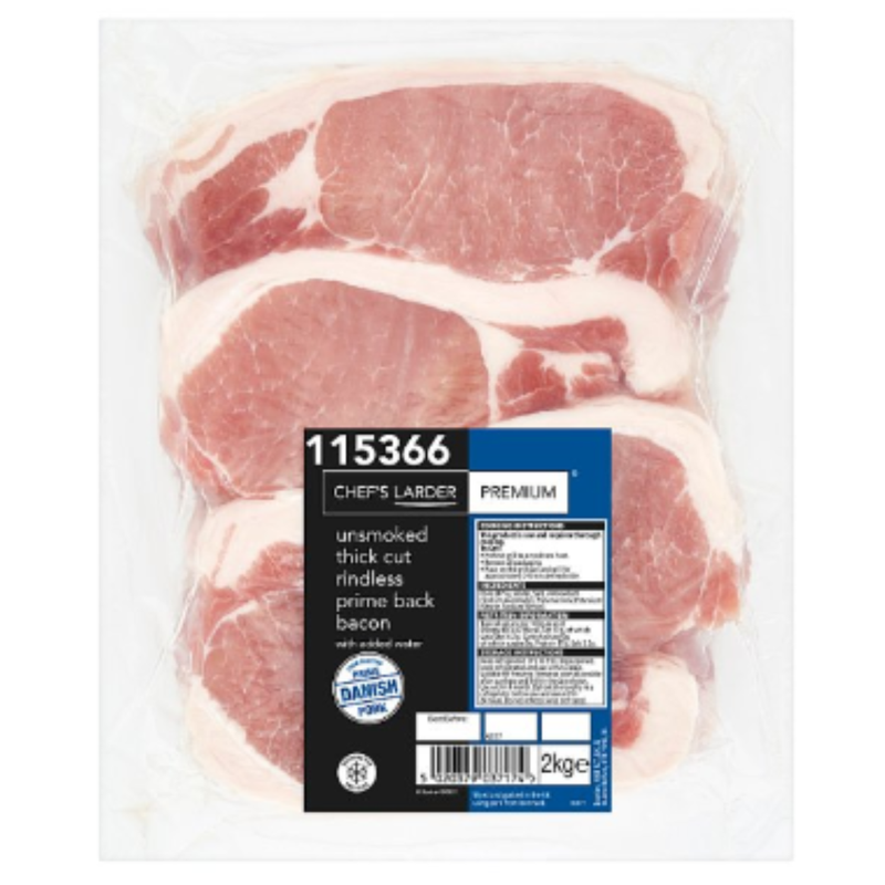 Chef's Larder Premium Unsmoked Thick Cut Rindless Prime Back Bacon 2kg x 1 Pack | London Grocery