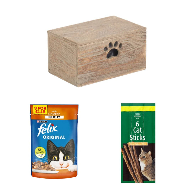 FELIX Purrfect Chicken and Sticks Cat Box | 3 Ingredients | Wooden Cat Food Tray | 2x Happy Shopper 6 Cat Sticks 30g | Felix Original with Chicken in Jelly 100g x 40 | London Grocery