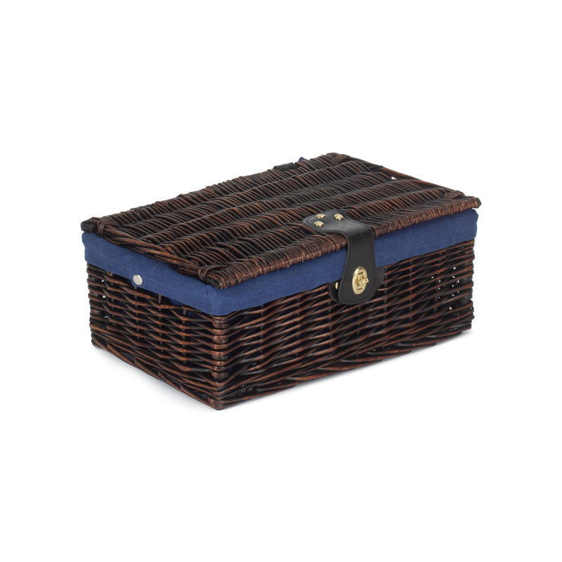 14" Chocolate Brown Hamper With Navy Blue Lining | London Grocery