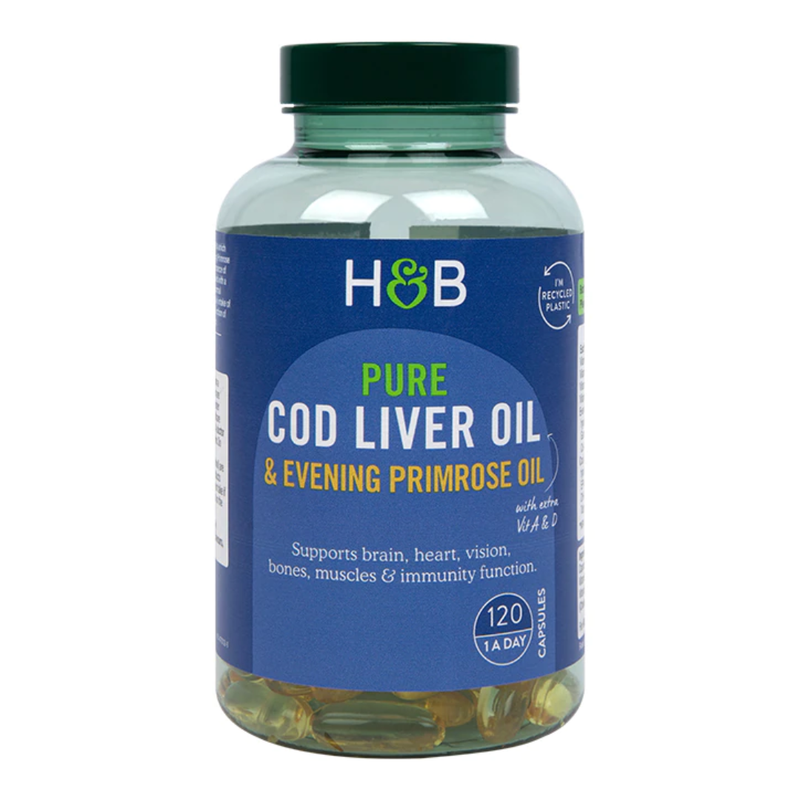 Holland & Barrett Pure Cod Liver Oil with Evening Primrose Oil 500mg 120 Capsules | London Grocery