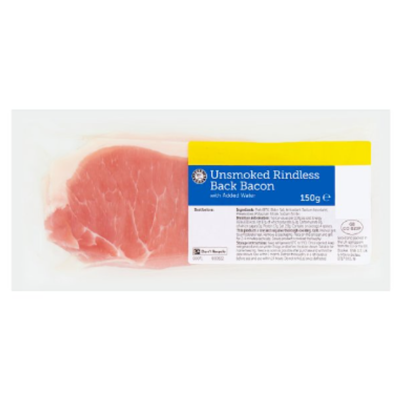 Euro Shopper Unsmoked Rindless Back Bacon with Added Water 150g x 30 Packs | London Grocery