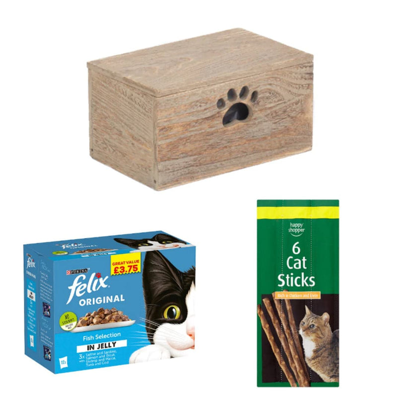 FELIX Purrfect Fish and Sticks Cat Box | 3 Ingredients | Wooden Cat Food Tray | 2x Happy Shopper 6 Cat Sticks 30g | FELIX Fish Selection Wet Cat Food 48 x 100g | London Grocery