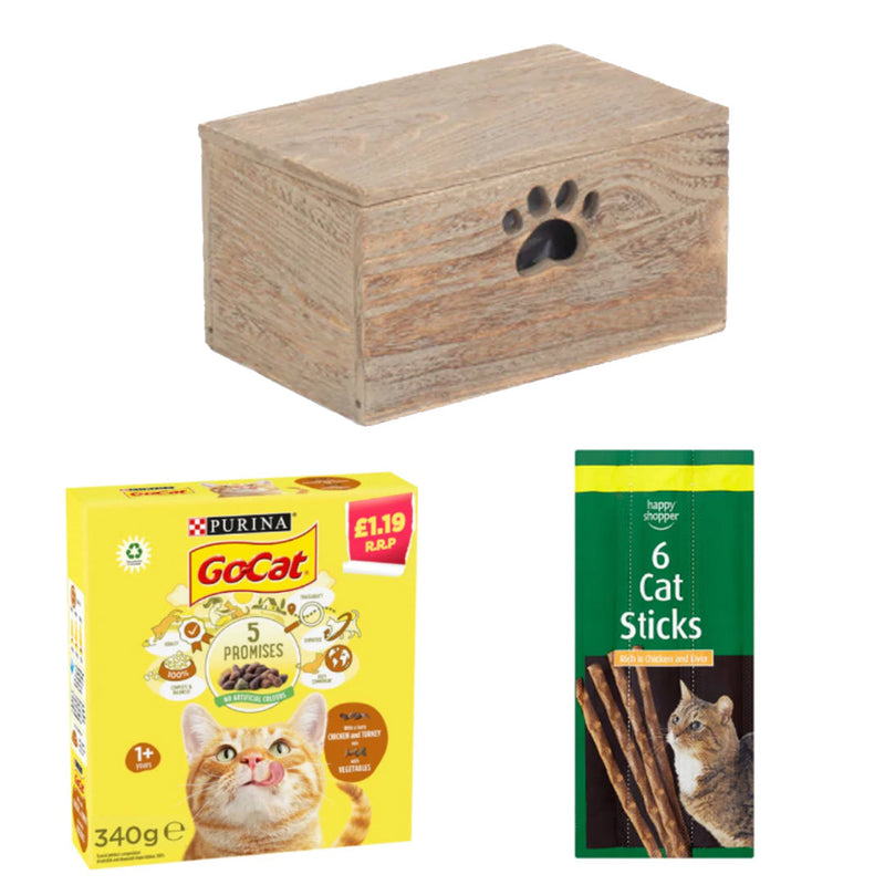 Meow Mix with GO-CAT and Happy Shopper Box | 3 Ingredients | Wooden Cat Food Tray | 2x Happy Shopper 6 Cat Sticks 30g | GO-CAT with Chicken and Turkey mix with Vegetables Dry Cat Food 340g x 24 | London Grocery