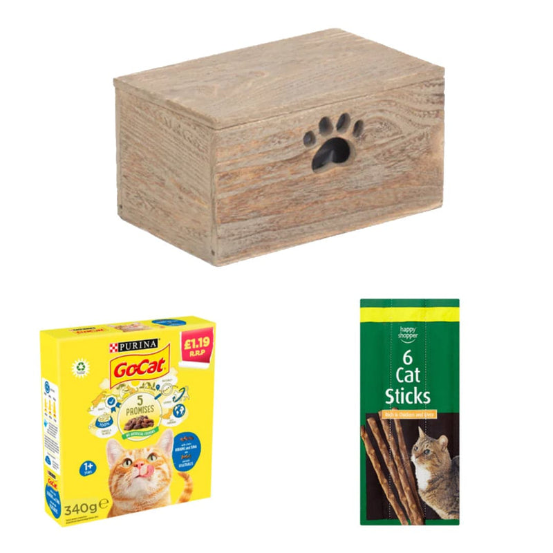 GO-CAT's Oceanic Delights Box | 3 Ingredients | Wooden Cat Food Tray | 2x Happy Shopper 6 Cat Sticks 30g | GO-CAT with Herring and Tuna mix with Vegetables Dry Cat Food 340g x 24 | London Grocery
