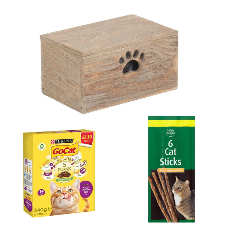 GO-CAT's Purrfect Picks Box | 3 Ingredients | Wooden Cat Food Tray | 2x Happy Shopper 6 Cat Sticks 30g | GO-CAT with Chicken and Duck mix Dry Cat Food 340g x 24 | London Grocery