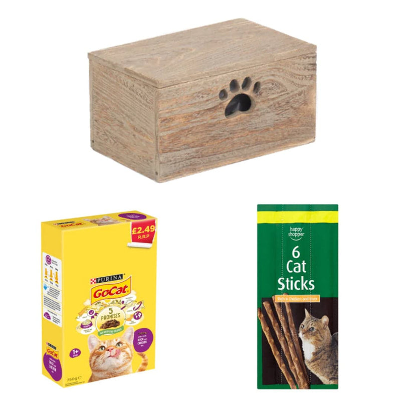 Go-Cat's Tasty Temptations Box | 3 Ingredients | Wooden Cat Food Tray | 2x Happy Shopper 6 Cat Sticks 30g | Go-Cat With a Tasty Duck and Chicken Mix 1+ Years 750g x 20 | London Grocery