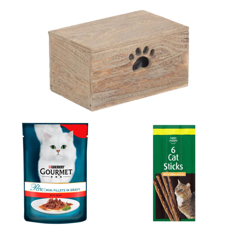 Gourmet Perle's Beefy Bites Box | 3 Ingredients | Wooden Cat Food Tray | 2x Happy Shopper 6 Cat Sticks 30g | Gourmet Perle Cat Food Mini Fillets Beef in Gravy 85g x 40 | London Grocery