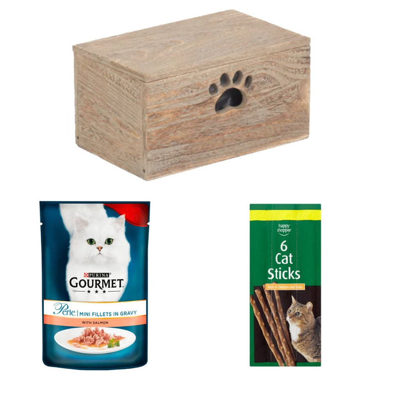 Gourmet Perle's Feline Salmon Box | 3 Ingredients | Wooden Cat Food Tray | 2x Happy Shopper 6 Cat Sticks 30g | Gourmet Perle Salmon in Gravy Cat Food 85g x 30 | London Grocery