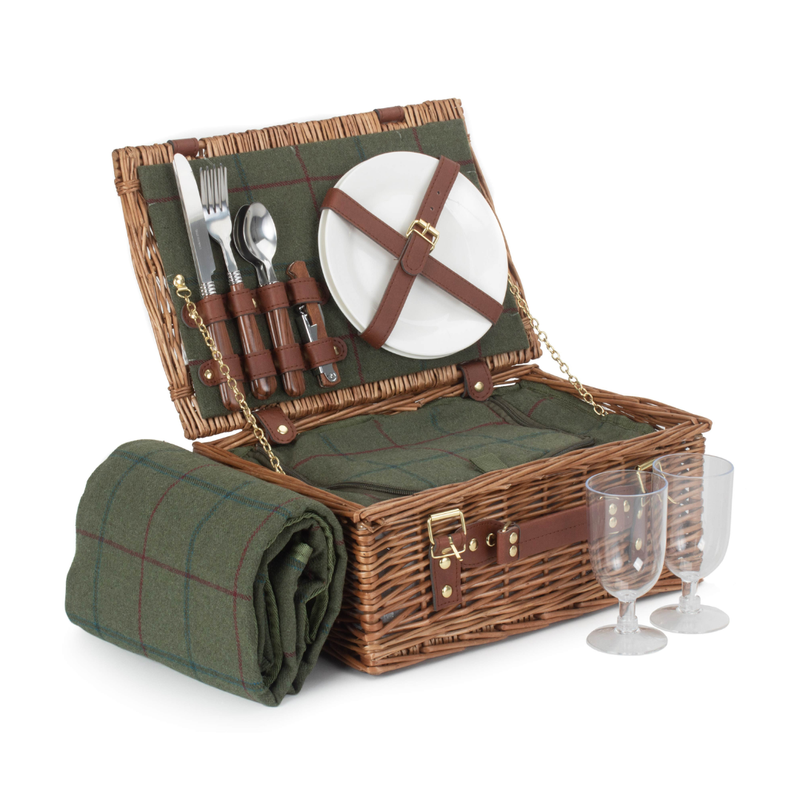 2 Person Green Tweed Classic Picnic Hamper | London Grocery