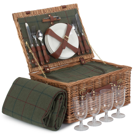 4 Person Green Tweed Classic Picnic Hamper | London Grocery