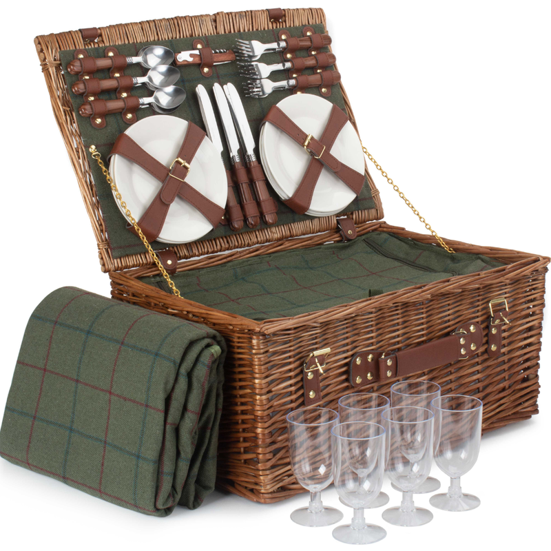 6 Person Green Tweed Classic Picnic Hamper | London Grocery