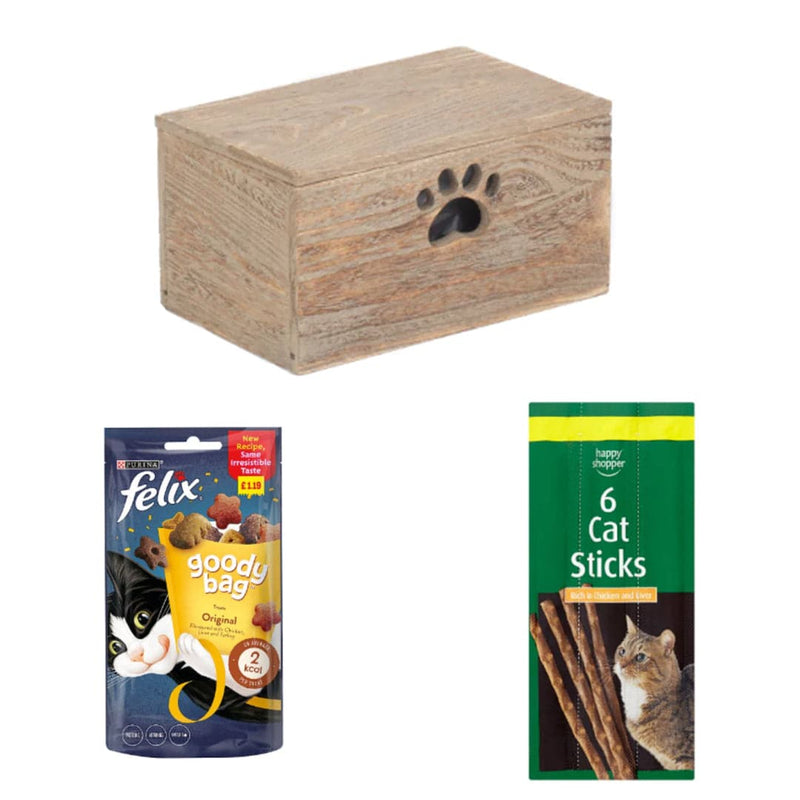 FELIX Happy Cat Treat Box | 3 Ingredients | Wooden Cat Food Tray | 2x Happy Shopper 6 Cat Sticks 30g | Felix Goody Bag Cat Treats Original 60g x 48 | London Grocery