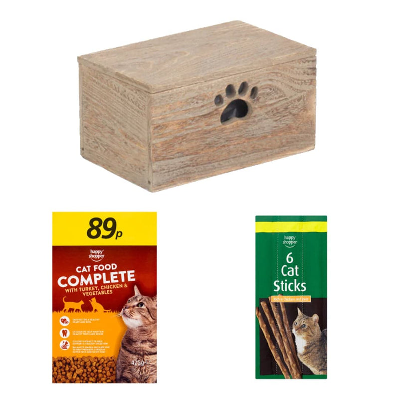 Happy Shopper's Complete Cat Food Selections Box | 3 Ingredients | Wooden Cat Food Tray | 2x Happy Shopper 6 Cat Sticks 30g | Happy Shopper Complete Cat Food with Turkey, Chicken & Vegetables 425g x 40 | London Grocery