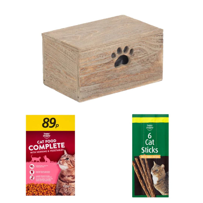 Happy Shopper's Herring and Veggie Box | 3 Ingredients | Wooden Cat Food Tray | 2x Happy Shopper 6 Cat Sticks 30g | Happy Shopper Complete Cat Food with Herring & Vegetables 425g x 40 | London Grocery
