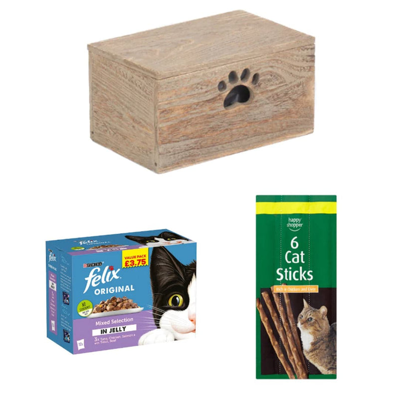 FELIX Happy Cat Variety Treat Box | 3 Ingredients | Wooden Cat Food Tray | 2x Happy Shopper 6 Cat Sticks 30g | FELIX Mixed Selection Wet Cat Food 48 x 100g | London Grocery