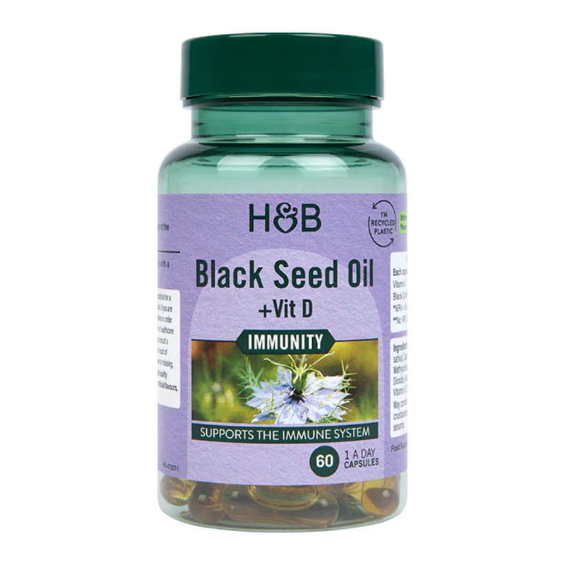 Holland & Barrett Black Seed Oil +Vit D 60 Capsules | London Grocery