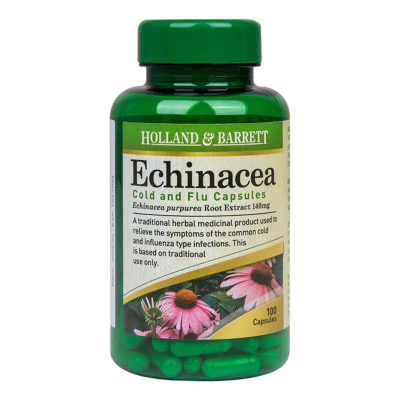 Holland & Barrett Echinacea Cold & Flu 100 Capsules 140mg | London Grocery