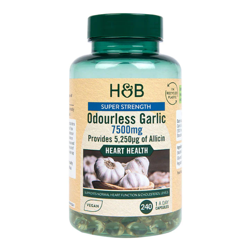 Holland & Barrett Max Strength Enteric Coated Odourless Garlic 7500mg 240 Capsules | London Grocery