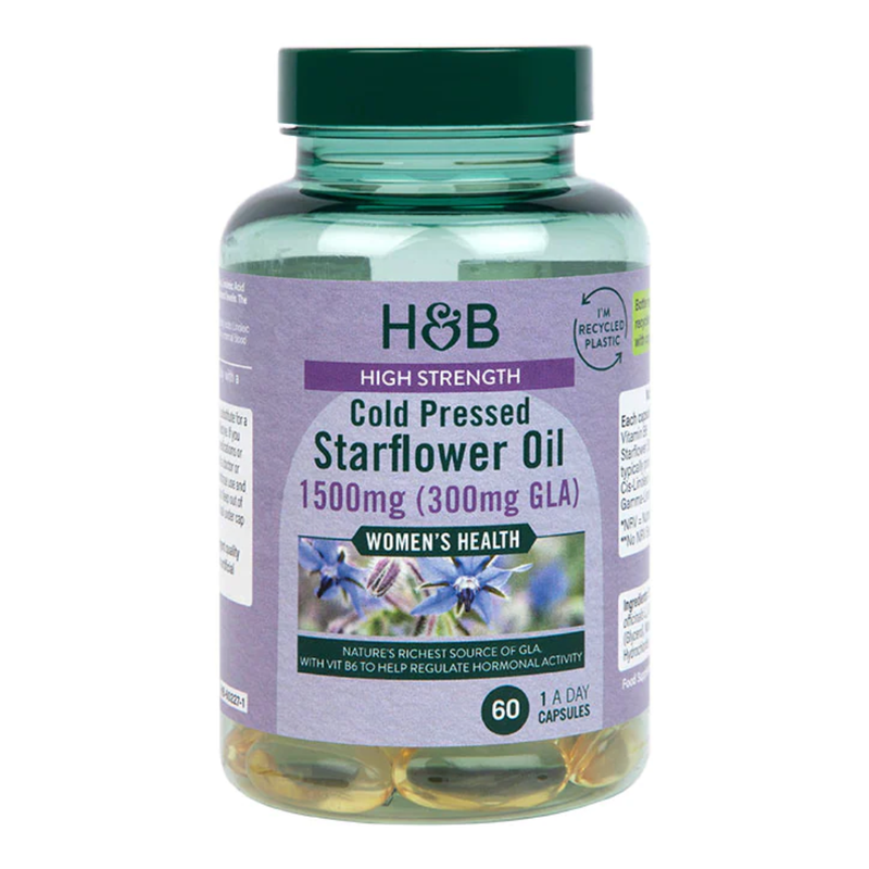 Holland & Barrett High Strength Cold Pressed Starflower Oil 1500mg 60 Capsules | London Grocery