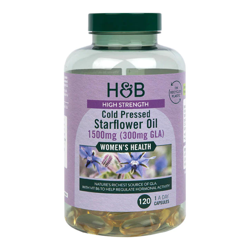 Holland & Barrett High Strength Cold Pressed Starflower Oil 1500mg 120 Capsules | London Grocery