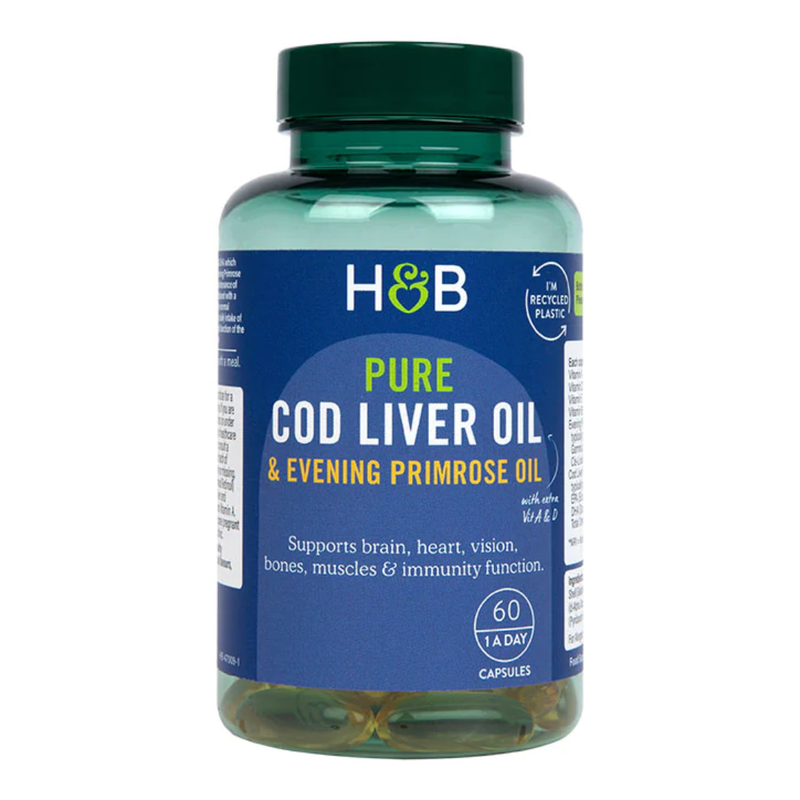 Holland & Barrett Pure Cod Liver Oil with Evening Primrose Oil 500mg 60 Capsules | London Grocery