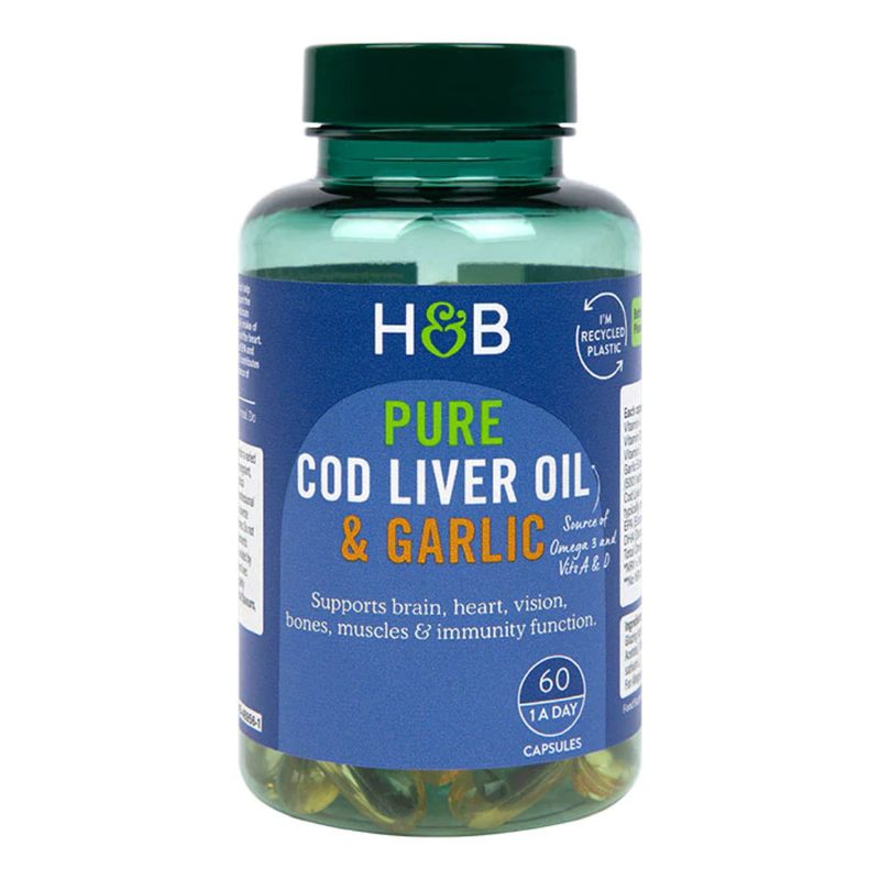 Holland & Barrett Pure Cod Liver Oil & Garlic 60 Capsules | London Grocery