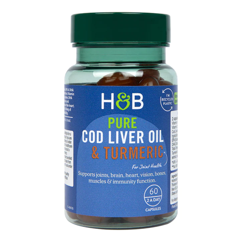 Holland & Barrett Pure Cod Liver Oil & Turmeric 500mg 60 Capsules | London Grocery