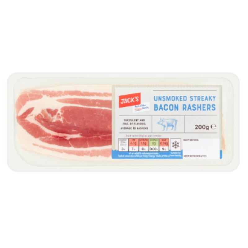 Jack's Unsmoked Streaky Bacon Rashers 200g x 10 Packs | London Grocery