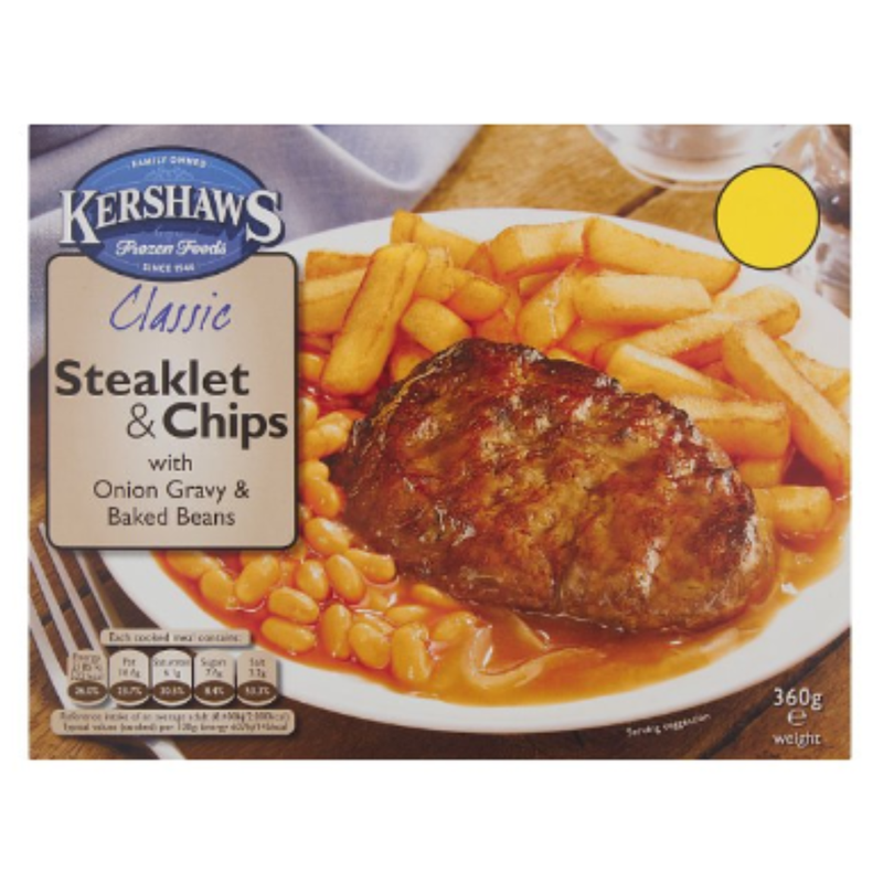 Kershaws Classic Steaklet & Chips with Onion Gravy & Baked Beans 360g x 12 Packs | London Grocery