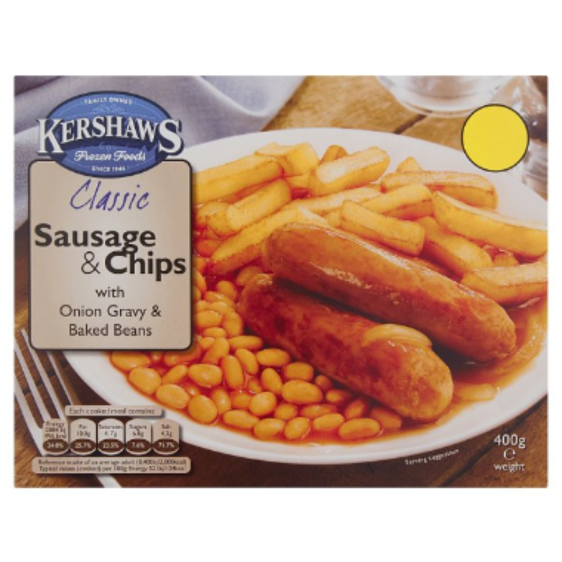 Kershaws Classic Sausage & Chips with Onion Gravy & Baked Beans 400g  x 12 Packs | London Grocery