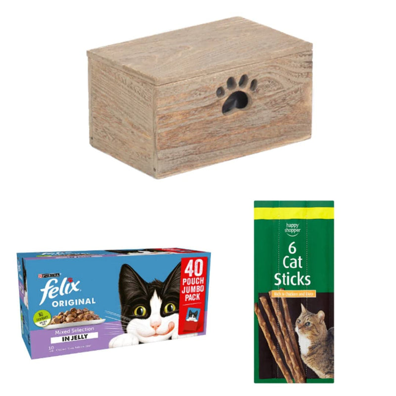 FELIX Happy Cat Mixed Treat Box | 3 Ingredients | Wooden Cat Food Tray | 2x Happy Shopper 6 Cat Sticks 30g | FELIX Mixed Selection In Jelly Wet Cat Food 40 x 100g | London Grocery