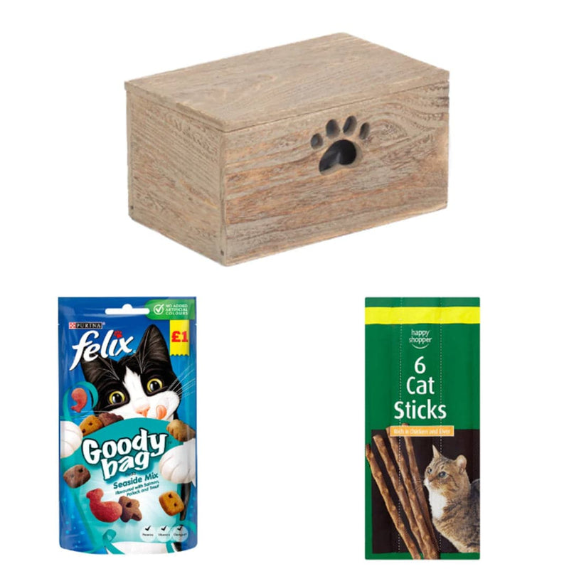 FELIX Purrfect Ocean and Sticks Cat Box | 3 Ingredients | Wooden Cat Food Tray | 2x Happy Shopper 6 Cat Sticks 30g | Felix Goody Bag Cat Treats Seaside Mix 60g x 48 | London Grocery
