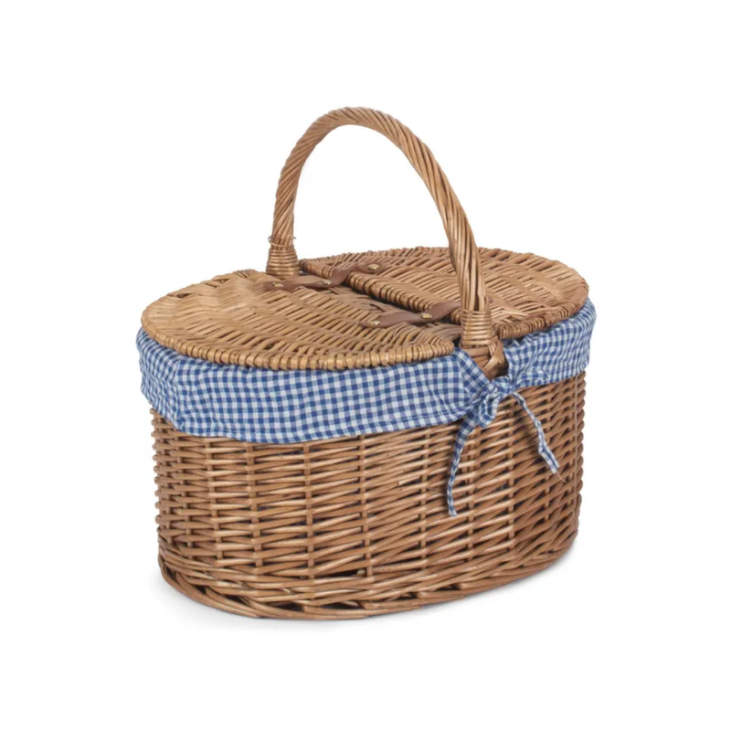 Light Steamed Oval Lidded Hamper With Blue & White Checked Lining | London Grocery