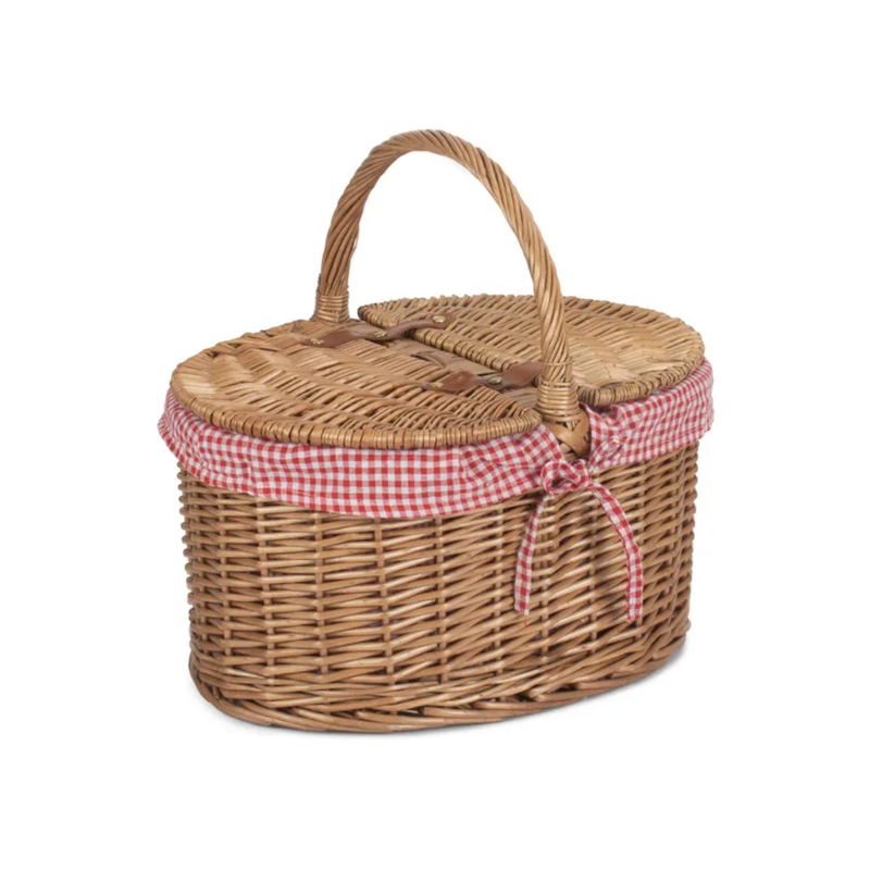 Light Steamed Oval Lidded Hamper With Red & White Checked Lining | London Grocery