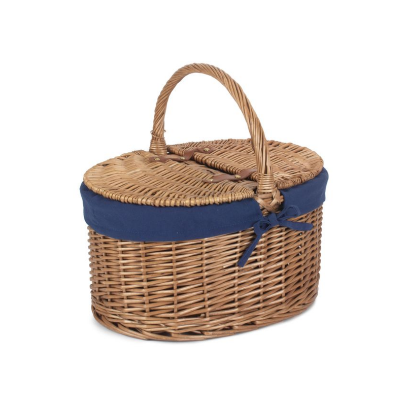 Light Steamed Oval Lidded Hamper With Navy Blue Lining | London Grocery
