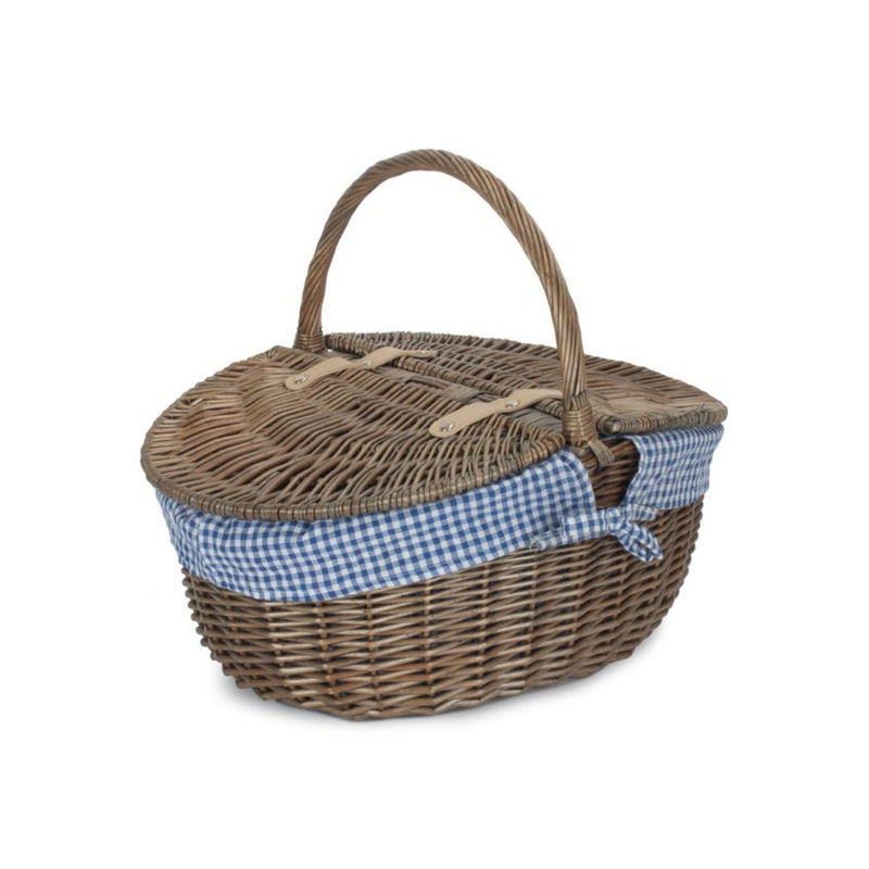 Antique Wash Finish Oval Picnic Basket With Blue & White Checked Lining | London Grocery