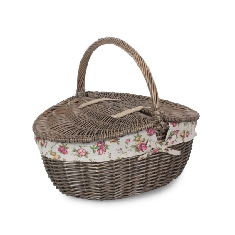 Antique Wash Finish Oval Picnic Basket With Garden Rose Lining | London Grocery