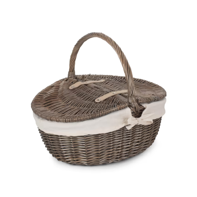 Antique Wash Finish Oval Picnic Basket With White Lining | London Grocery