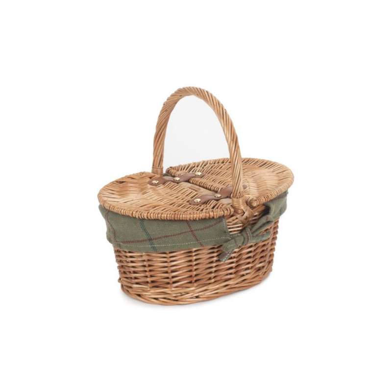 Childs Light Steamed Finish Oval Picnic Basket With Green Tweed Lining | London Grocery