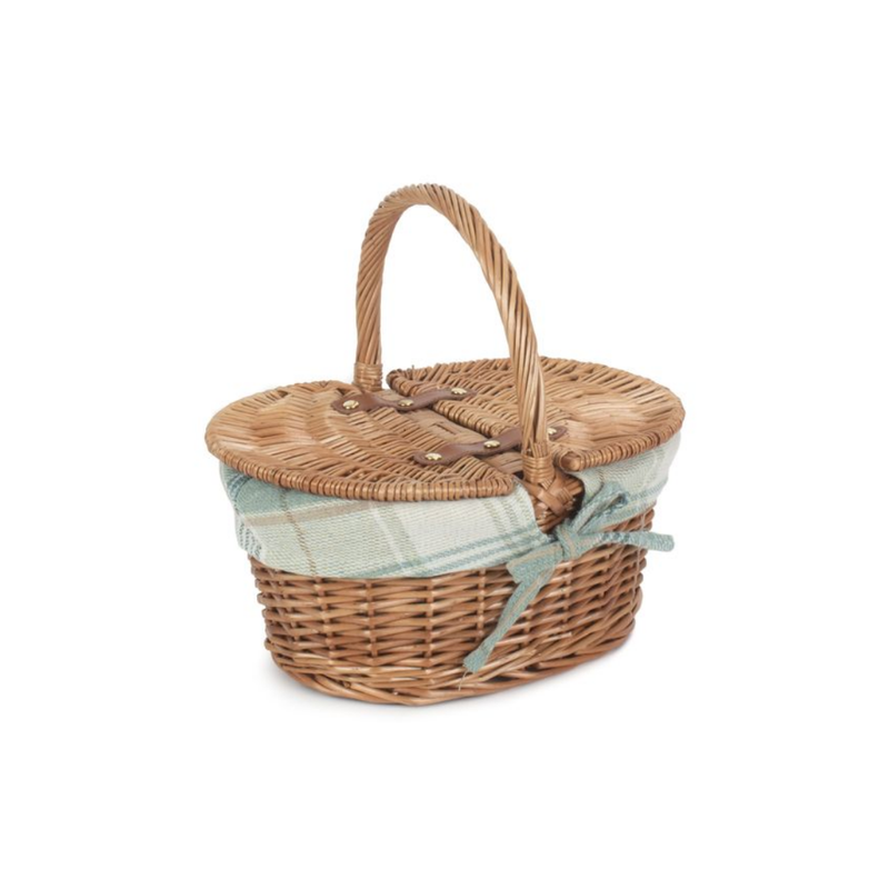 Childs Light Steamed Finish Oval Picnic Basket With Cream Tartan Lining | London Grocery
