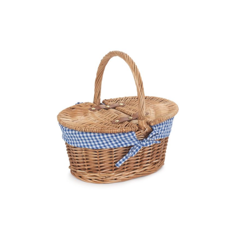 Childs Light Steamed Finish Oval Picnic Basket With Blue & White Checked Lining | London Grocery