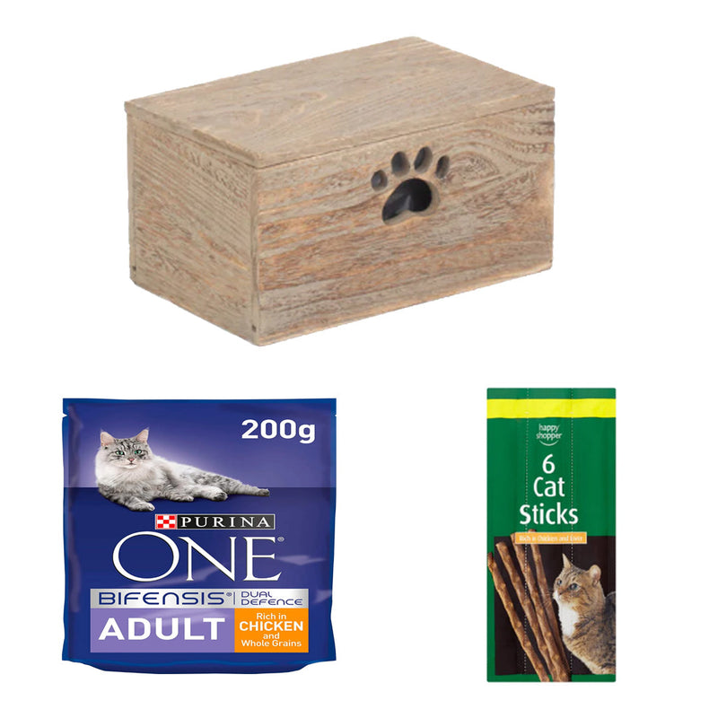 Purina ONE's Chicken Feast Box | 3 Ingredients | Wooden Cat Food Tray | 2x Happy Shopper 6 Cat Sticks 30g | Purina ONE Adult Dry Cat Food Chicken and Whole Grains 200g x 10 | London Grocery